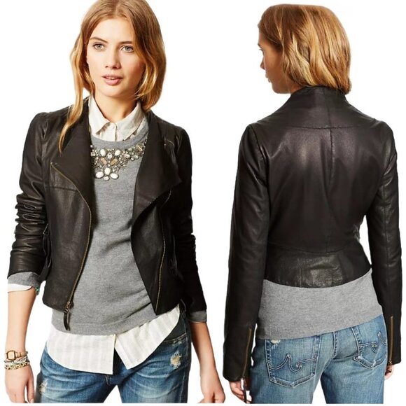 ANTHROPOLOGIE UK ELEVENSES Asymmetrical Zipper Black Leather Moto Jacket Sz S - Picture 9 of 9